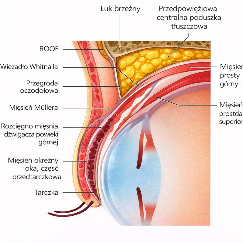 Przekrój strzałkowy powieki górnej — ilustracja anatomiczna z opisami warstw po polsku: łuk brzeżny, ROOF, przedpowięziowa centralna poduszka tłuszczowa, więzadło Whitnalla, przegroda oczodołowa, mięsień Müllera, rozcięgno mięśnia dźwigacza powieki górnej, mięsień okrężny oka (część przedtarczkowa), tarczka, mięsień prosty górny