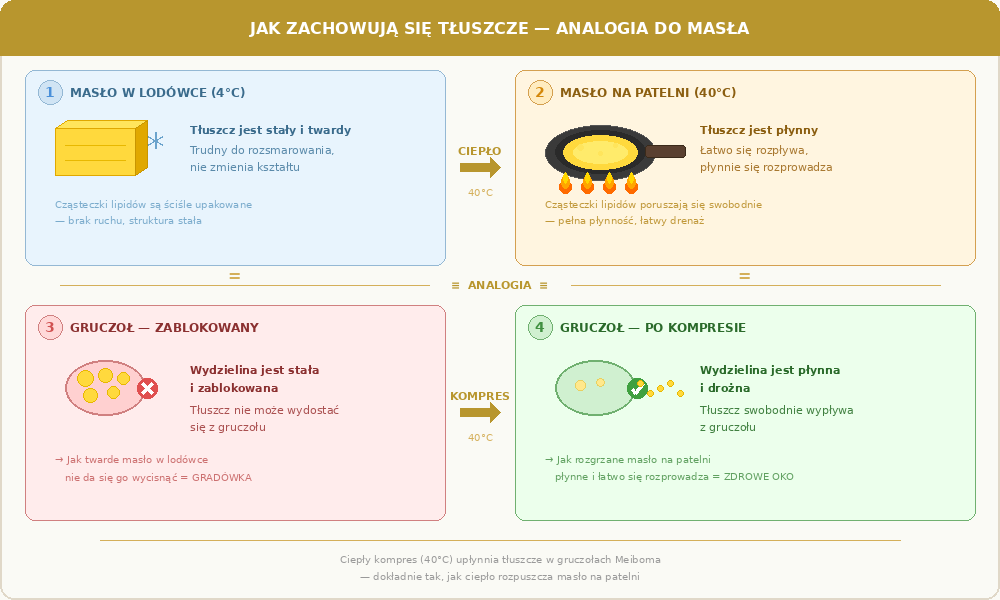 Infografika: jak zachowują się tłuszcze — analogia masła w lodówce i na patelni do wydzieliny gruczołu Meiboma