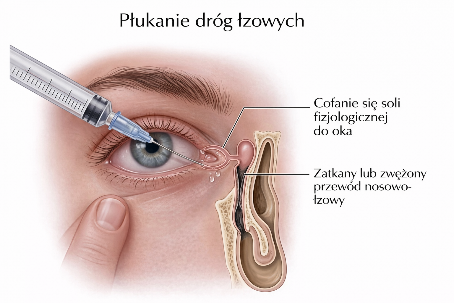 Płukanie dróg łzowych — schemat diagnostyczny pokazujący wprowadzenie soli fizjologicznej do punktu łzowego i miejsce zwężenia przewodu nosowo-łzowego