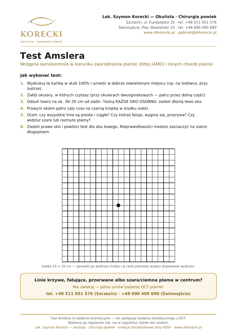 Test Amslera PDF do druku — siatka Amslera z instrukcją, gabinet lek. Szymona Koreckiego, Szczecin